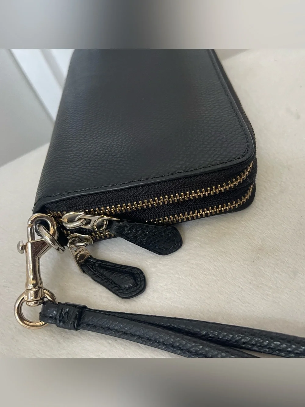 Coach Black Pebbled Leather Double Zip Wristlet with Detachable Strap